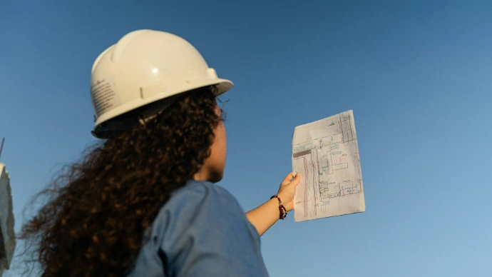 a woman wearing a hard hat holding a piece of paper